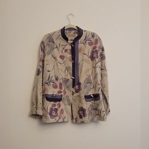 vintage canvas floral purple and green top with leaf buttons
